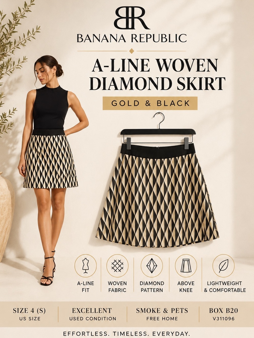 Banana Republic Gold Black A-Line Woven Diamond Skirt Size 4 Small EUC